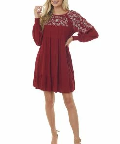 Andree Wine Keyhole Back Long Sleeve Dress With Silver Embroidery