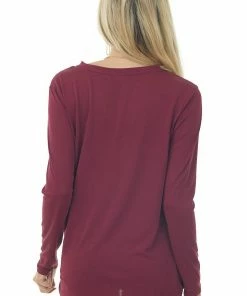 Chrysanthemum Wine Long Sleeve Knit Top With Front Twisted Knot Detail Tops