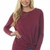 Chrysanthemum Wine Long Sleeve Knit Top With Front Twisted Knot Detail Tops