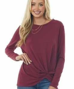 Chrysanthemum Wine Long Sleeve Knit Top With Front Twisted Knot Detail Tops