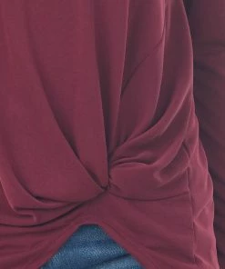 Chrysanthemum Wine Long Sleeve Knit Top With Front Twisted Knot Detail Tops