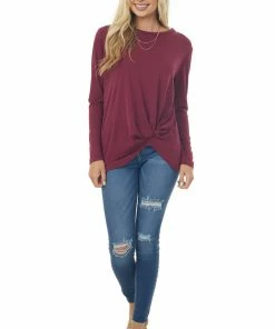 Chrysanthemum Wine Long Sleeve Knit Top With Front Twisted Knot Detail Tops