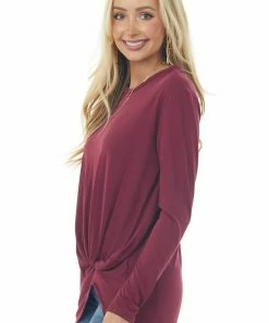 Chrysanthemum Wine Long Sleeve Knit Top With Front Twisted Knot Detail Tops