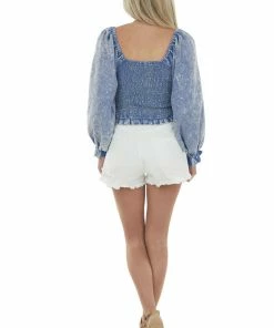 Entro Acid Wash Chambray Smocked Puff Sleeve Blouse Tops