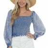 Entro Acid Wash Chambray Smocked Puff Sleeve Blouse Tops