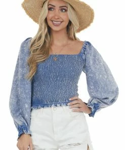 Entro Acid Wash Chambray Smocked Puff Sleeve Blouse Tops
