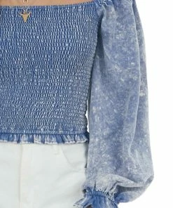 Entro Acid Wash Chambray Smocked Puff Sleeve Blouse Tops