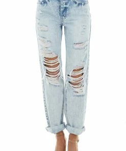 KanCan Acid Wash High Rise Boyfriend Jeans With Heavy Distressing Bottoms