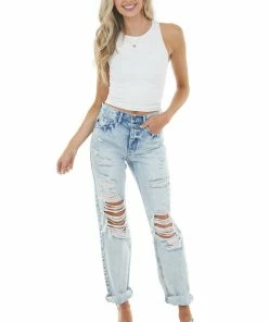 KanCan Acid Wash High Rise Boyfriend Jeans With Heavy Distressing Bottoms