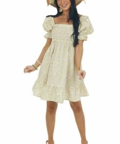 Ces Femme Amber Floral Half Puff Sleeve Smocked Dress