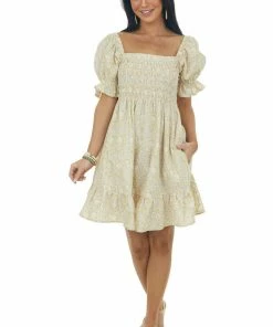 Ces Femme Amber Floral Half Puff Sleeve Smocked Dress