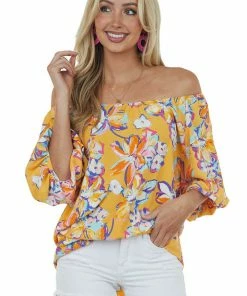 First Love Amber Floral Print Off Shoulder Puff Sleeve Blouse
