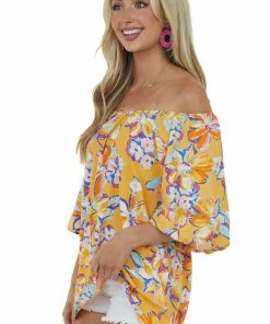 First Love Amber Floral Print Off Shoulder Puff Sleeve Blouse