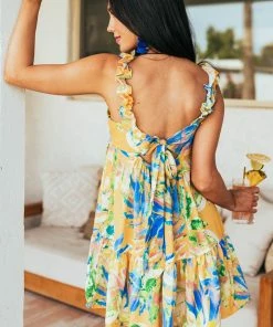 Flying Tomato Amber Tropical Print Babydoll Ruffle Tank Dress Dresses