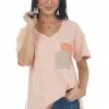 Easel Apricot Contrast Double Chest Pocket Knit Top