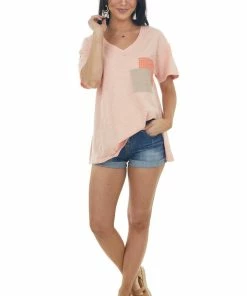 Easel Apricot Contrast Double Chest Pocket Knit Top