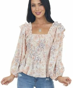 Entro Apricot Floral Long Sleeve Smocked Blouse Tops