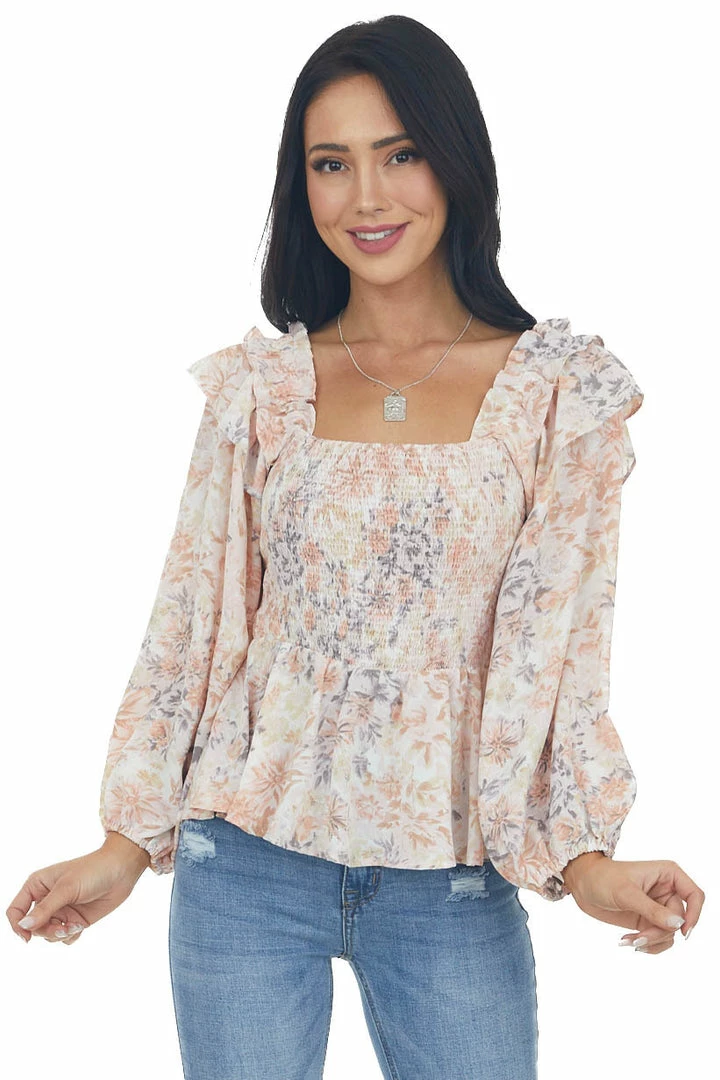 Entro Apricot Floral Long Sleeve Smocked Blouse Tops 3 Entro Apricot Floral Long Sleeve Smocked Blouse Tops