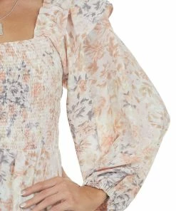 Entro Apricot Floral Long Sleeve Smocked Blouse Tops 22 Entro Apricot Floral Long Sleeve Smocked Blouse Tops