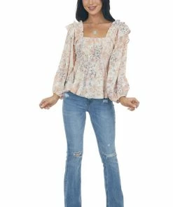 Entro Apricot Floral Long Sleeve Smocked Blouse Tops 16 Entro Apricot Floral Long Sleeve Smocked Blouse Tops