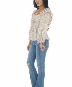 Entro Apricot Floral Long Sleeve Smocked Blouse Tops 20 Entro Apricot Floral Long Sleeve Smocked Blouse Tops