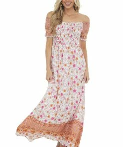 Jodifl Apricot Floral Smocked Babydoll Maxi Dress Dresses