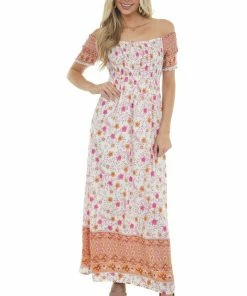 Jodifl Apricot Floral Smocked Babydoll Maxi Dress Dresses