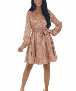 143 Story Apricot Leopard Surplice Flounce Hem Dress Dresses