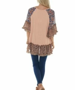 Umgee Tops Apricot Multiprint Colorblock Tunic Length Top 21 Umgee Tops Apricot Multiprint Colorblock Tunic Length Top