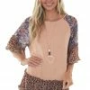 Umgee Tops Apricot Multiprint Colorblock Tunic Length Top