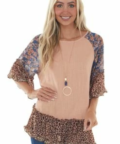 Umgee Tops Apricot Multiprint Colorblock Tunic Length Top