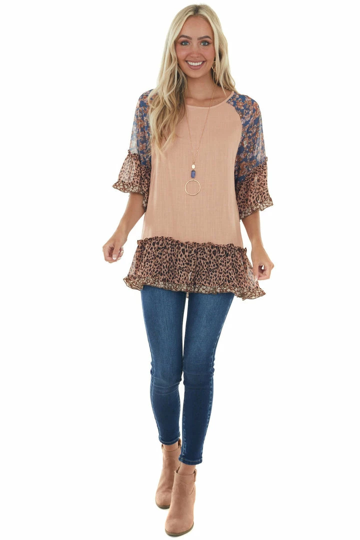 Umgee Tops Apricot Multiprint Colorblock Tunic Length Top 6 Umgee Tops Apricot Multiprint Colorblock Tunic Length Top