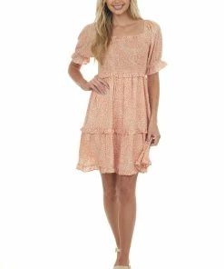 Jodifl Apricot Printed Square Neck Tiered Short Dress Dresses 10 Jodifl Apricot Printed Square Neck Tiered Short Dress Dresses