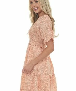 Jodifl Apricot Printed Square Neck Tiered Short Dress Dresses 12 Jodifl Apricot Printed Square Neck Tiered Short Dress Dresses