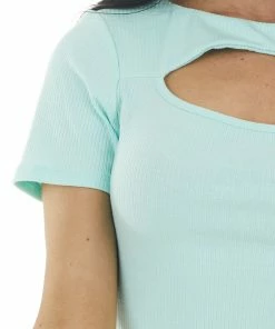 Peach Love Aqua Blue Bodycon Ribbed Knit Dress With Cutout Detail Dresses