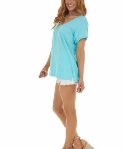 BiBi Tops Aqua Knit Top With Twisted Neck And Cuff 20 BiBi Tops Aqua Knit Top With Twisted Neck And Cuff