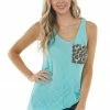 CY Fashion Aqua Loose Knit Tank Top With Leopard Print Front Pocket Tops 2 CY Fashion Aqua Loose Knit Tank Top With Leopard Print Front Pocket Tops