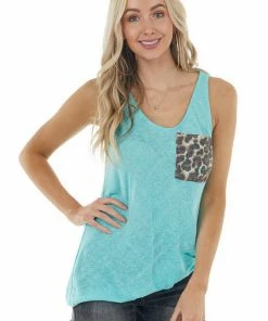 CY Fashion Aqua Loose Knit Tank Top With Leopard Print Front Pocket Tops