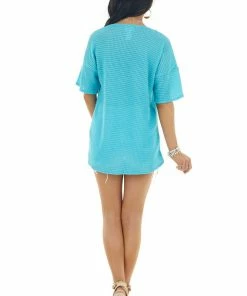 BiBi Aqua Waffle Knit V Neck Short Sleeve Top With Lace Detailing Tops 24 BiBi Aqua Waffle Knit V Neck Short Sleeve Top With Lace Detailing Tops