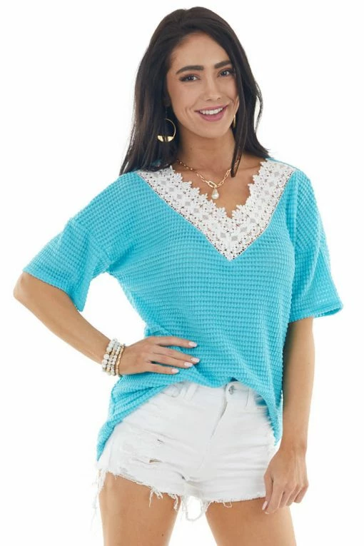 BiBi Aqua Waffle Knit V Neck Short Sleeve Top With Lace Detailing Tops 11 BiBi Aqua Waffle Knit V Neck Short Sleeve Top With Lace Detailing Tops
