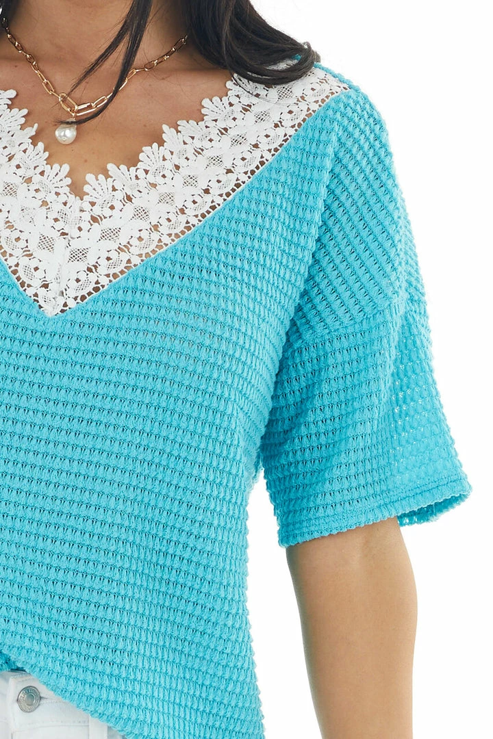 BiBi Aqua Waffle Knit V Neck Short Sleeve Top With Lace Detailing Tops 10 BiBi Aqua Waffle Knit V Neck Short Sleeve Top With Lace Detailing Tops