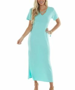 HEIMISH Aquamarine Criss Cross V Neck Knit Maxi Dress