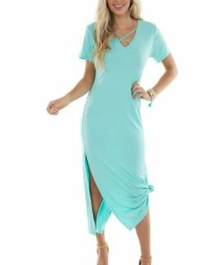 HEIMISH Aquamarine Criss Cross V Neck Knit Maxi Dress