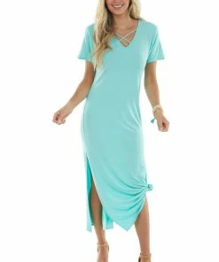 HEIMISH Aquamarine Criss Cross V Neck Knit Maxi Dress