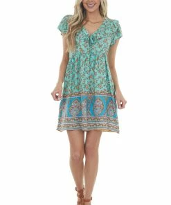 Umgee Dresses Aquamarine Multiprint Cap Sleeve Short Dress