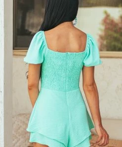 She + Sky Dresses Aquamarine Puff Sleeve Romper With Tie Detail