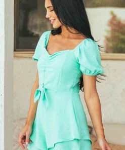 She + Sky Dresses Aquamarine Puff Sleeve Romper With Tie Detail