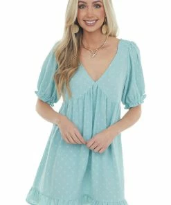 Umgee Arctic Blue Babydoll Swiss Dot Short Dress Dresses