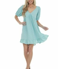 Umgee Arctic Blue Babydoll Swiss Dot Short Dress Dresses