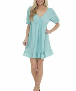 Umgee Arctic Blue Babydoll Swiss Dot Short Dress Dresses